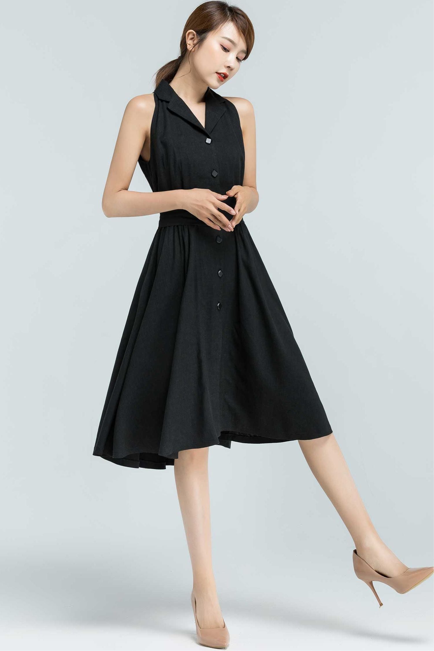 Black Linen Button Down Midi Dress – Handmade Summer