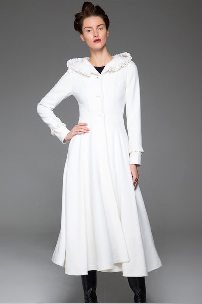 Winter Wedding Wool Coat – Handmade White Fit & Flare Hooded Coat | Xiaolizi 1412