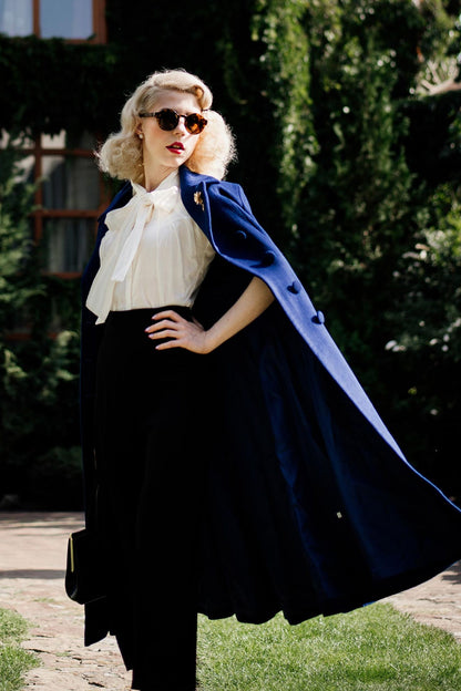 Blue Wool Maxi Coat – Vintage Double Breasted Long Winter Overcoat 2410