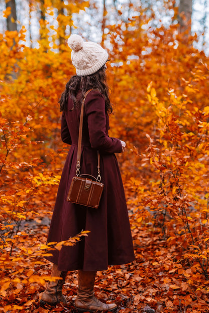 Handmade Burgundy Wool Coat – Autumn Princess Fit & Flare Overcoat 4741