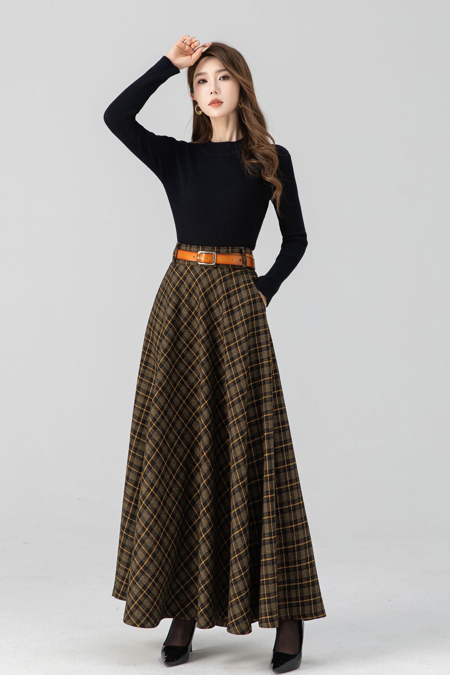 High waisted plaid winter long wool skirt 4666