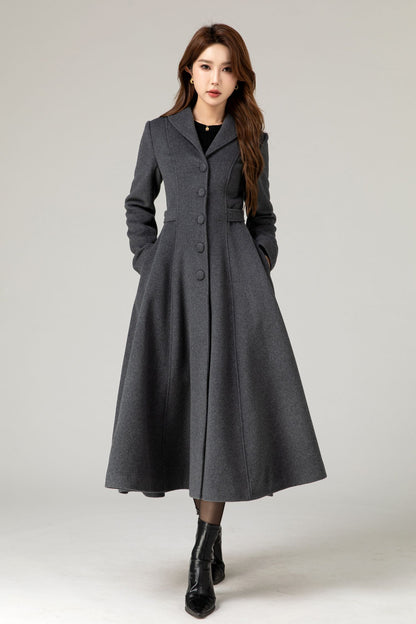 Handmade Charcoal Grey Wool Coat – Vintage Tailored A-line Long Winter Overcoat | Xiaolizi  5479