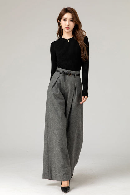 Gray Wool Wide-Leg Pants - High Waist Fitted | Xiaolizi 5482