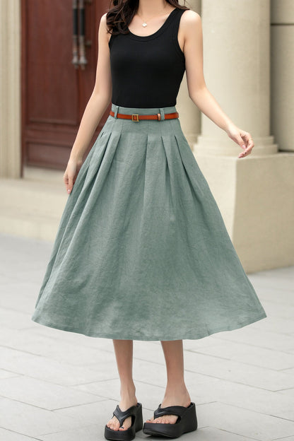 Green Linen Cotton Pleated Midi Skirt - A-Line Silhouette 4958