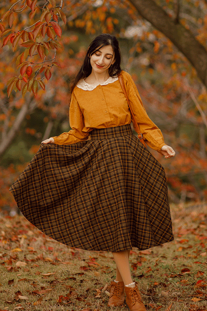 Brown Wool Midi Circle Skirt - Pleated, High Waist Elegance 4733