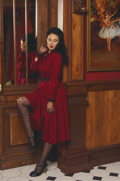 Burgundy Wool Fit & Flare Dress - A-Line Long Sleeve | Xiaolizi 4815