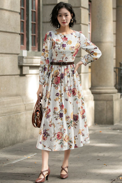 Floral Linen Maxi Dress – Long Sleeve Vintage Swing Dress | Xiaolizi 5685