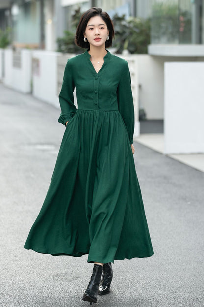 Green Linen Cotton Shirt Dress – Vintage Button-Up Midi Dress 6658