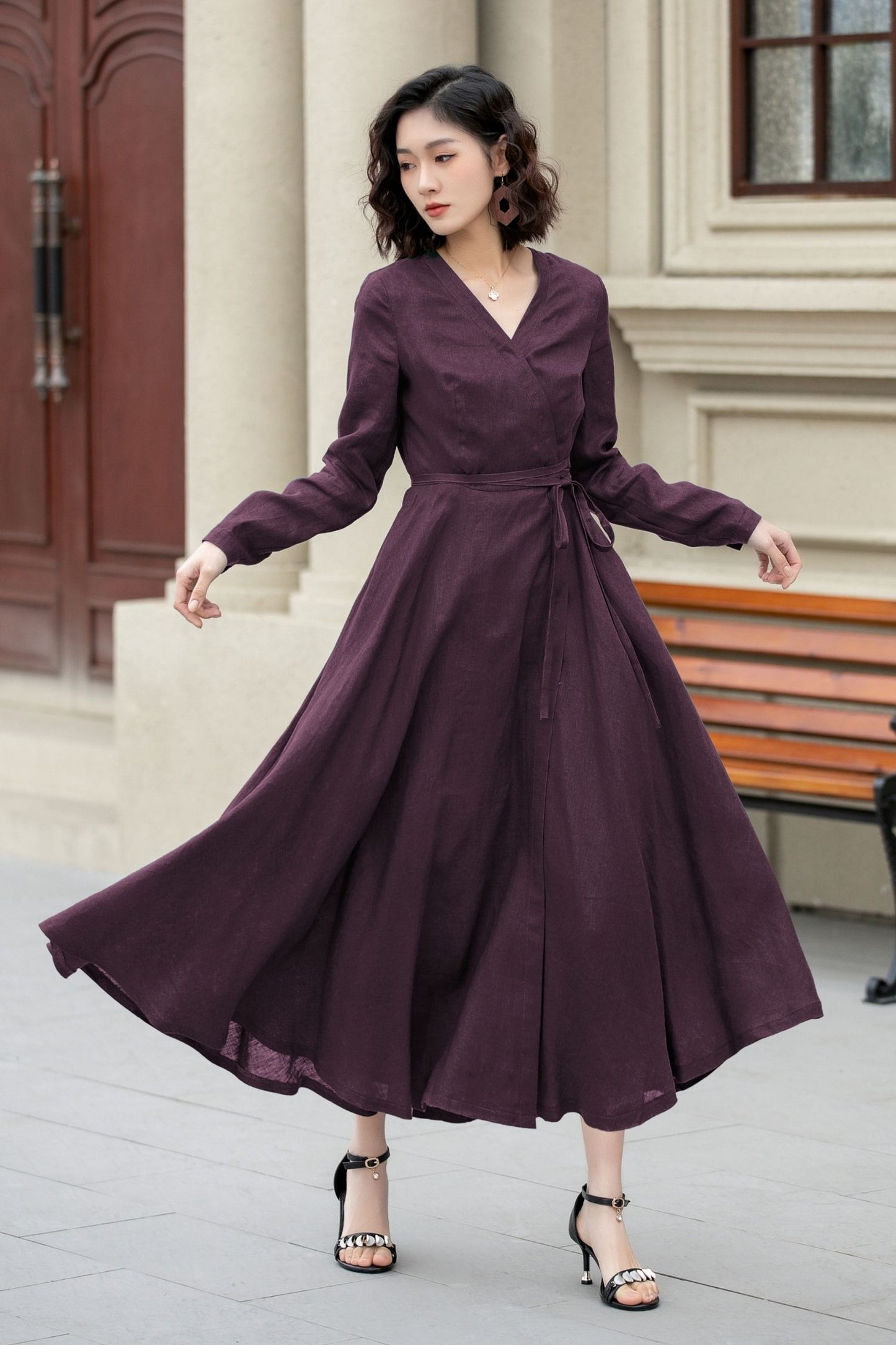 Purple Linen Wrap Dress – Handmade Long Sleeve Maxi for Women 6672