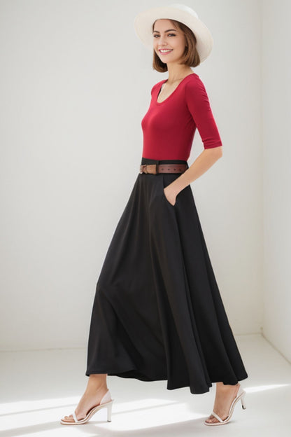 Black A Line Maxi  Linen Skirt with Pockets  2779