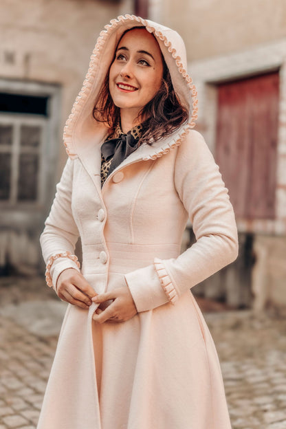Handmade Pink Wool Coat – Hooded Fit & Flare Winter Swing Overcoat | Xiaolizi 3260