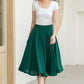 Classic Dark Green Linen Midi Skirt – High-Waisted A-Line Flare – 5834