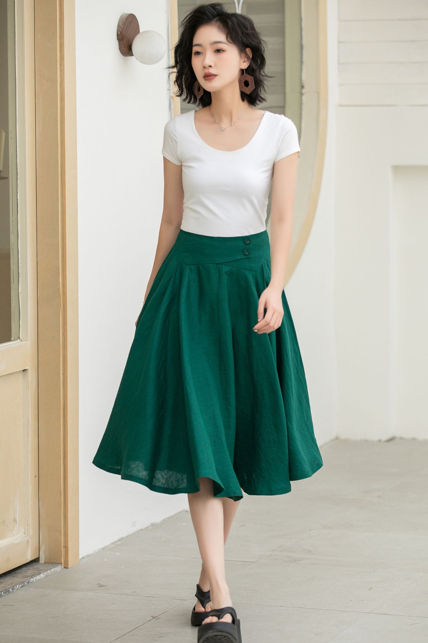 Classic Dark Green Linen Midi Skirt – High-Waisted A-Line Flare – 5834