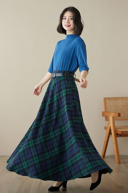 Handmade Navy Plaid Wool Maxi Skirt – Long Winter Swing Skirt | Xiaolizi 4619