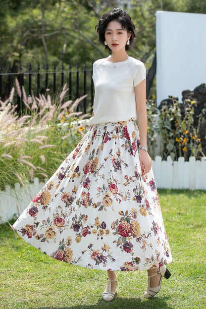 Vintage Floral Linen Cotton Swing Midi Skirt | Xiaolizi 6737