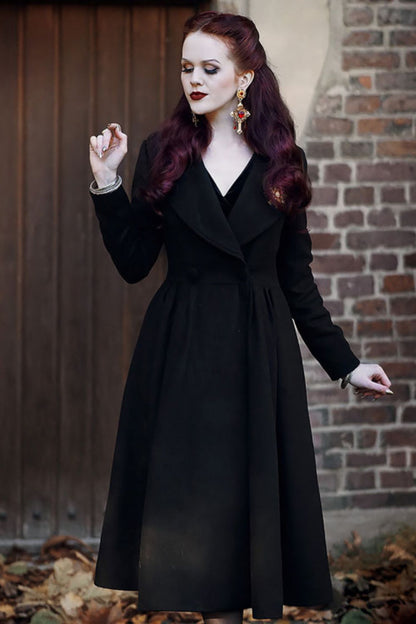 Vintage Black Wool Blend Coat – Elegant Double-Breasted Fit & Flare Maxi Coat | Xiaolizi 3394