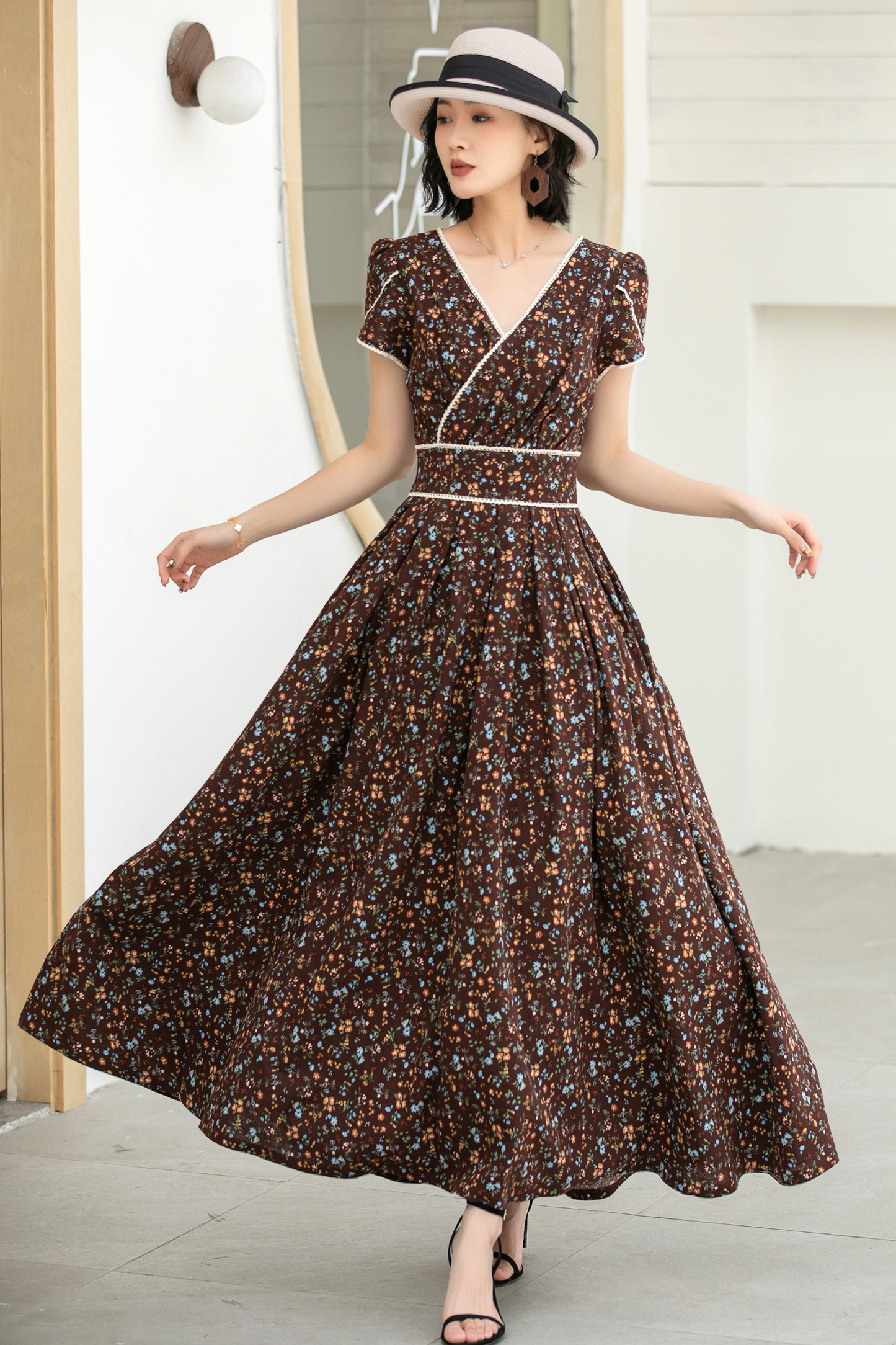 Vintage Floral Linen Cotton Maxi Dress – Women’s Puff Sleeve Wedding & Prom Dress 5833