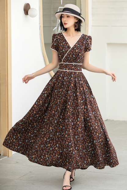 Vintage Floral Linen Cotton Maxi Dress – Women’s Puff Sleeve Wedding & Prom Dress 5833