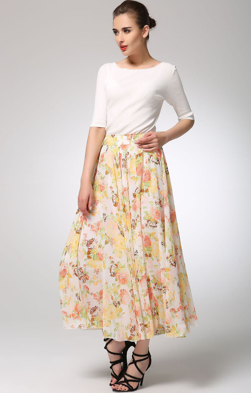 Floral Chiffon Maxi Skirt with Elastic Waist | Xiaolizi 1275