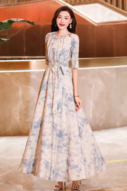 Beige Polyester Maxi Dress - Vintage Inspired Tie Belt 5050