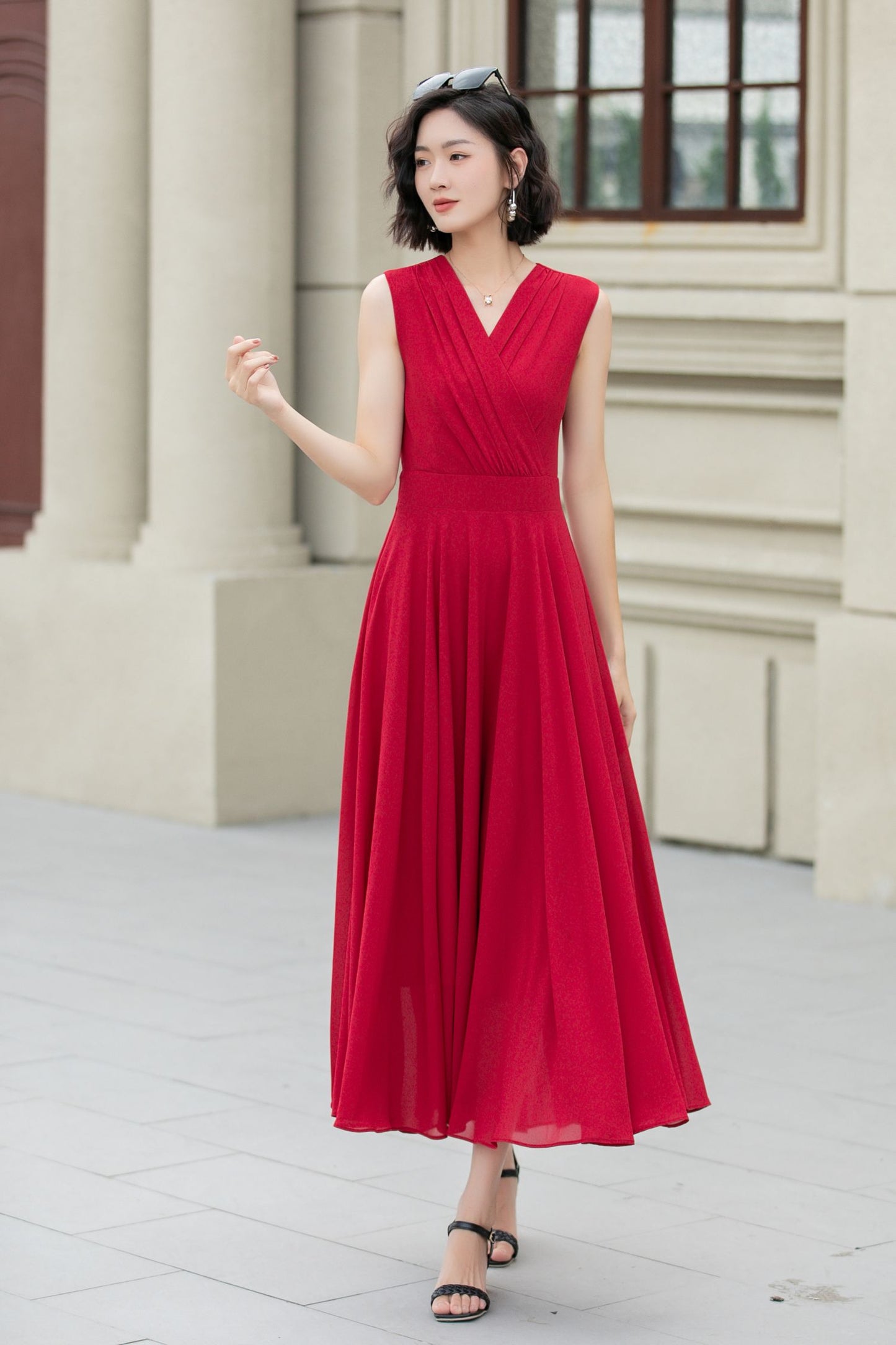 Burgundy sleeves summer prom chiffon dress 5173