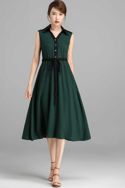 Green Linen Cotton Dress - Sleeveless Button-Down Midi | Xiaolizi 2362