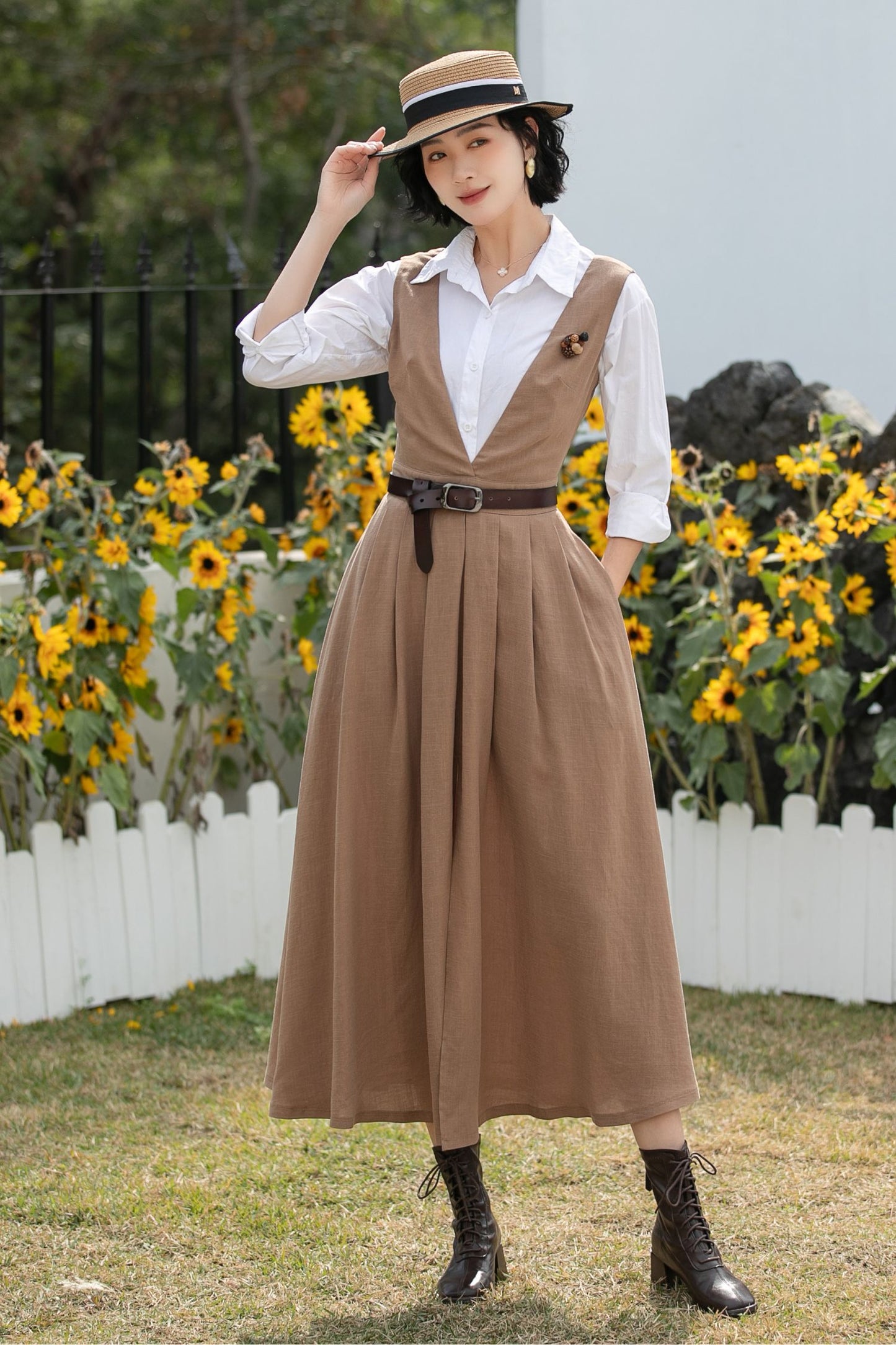 Xiaolizi Linen Pinafore Dress – Vintage V Neck Midi Swing Dress 6690