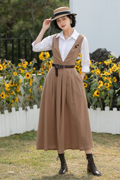 Xiaolizi Linen Pinafore Dress – Vintage V Neck Midi Swing Dress 6690