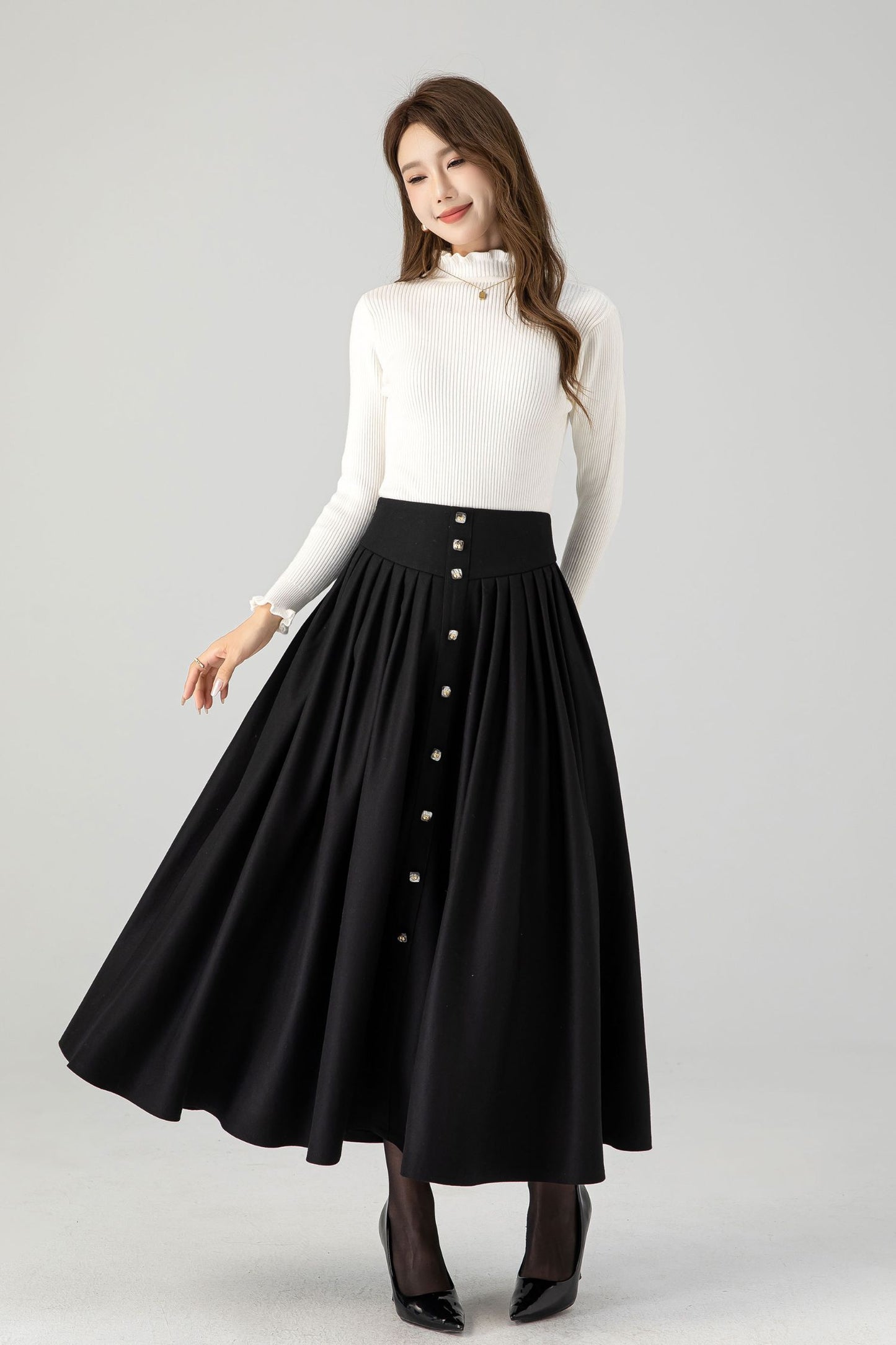 Swing black long pleated wool skirt 4611