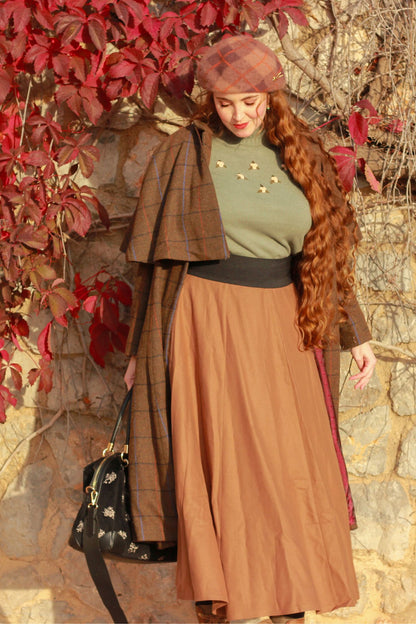 Brown Wool Swing Midi Skirt - High Waist Elegant Winterwear 4810