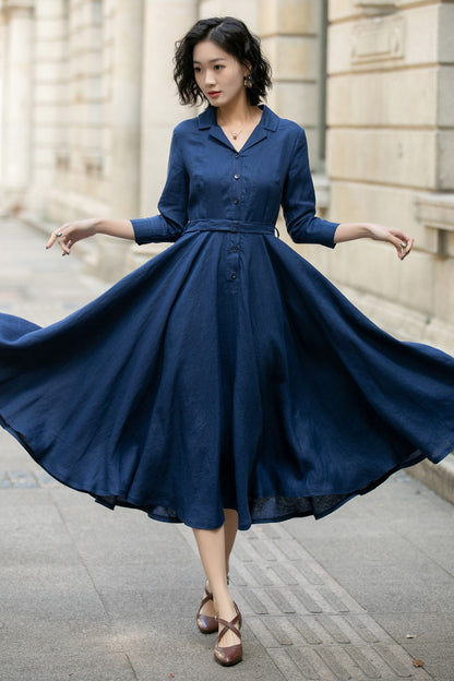 Navy Linen Shirt Dress for Women, Xiaolizi Belted A-Line Dress 5682