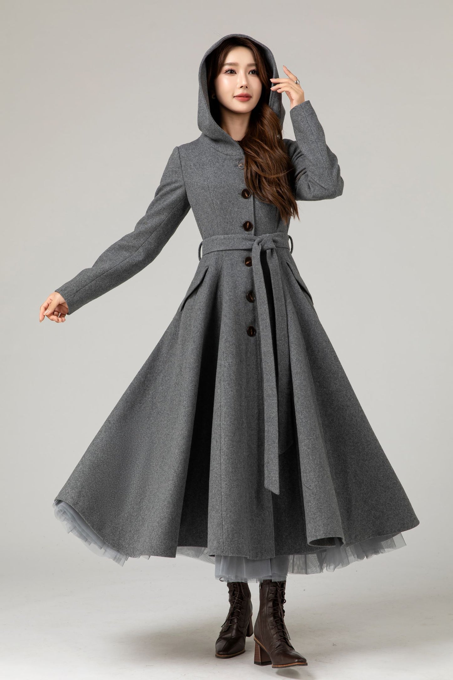 Hooded tie blet gray long winter wool coat 5481