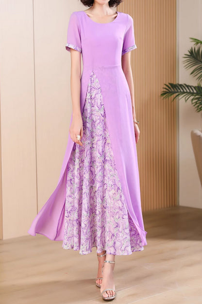 Block color maxi purple chiffon dresses 5010