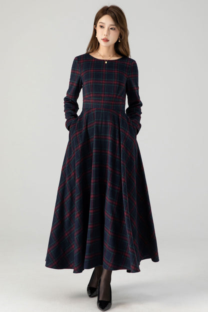 Handmade Navy Red Plaid Wool Maxi Dress – Long Sleeve Fit and Flare | Xiaolizi 5266