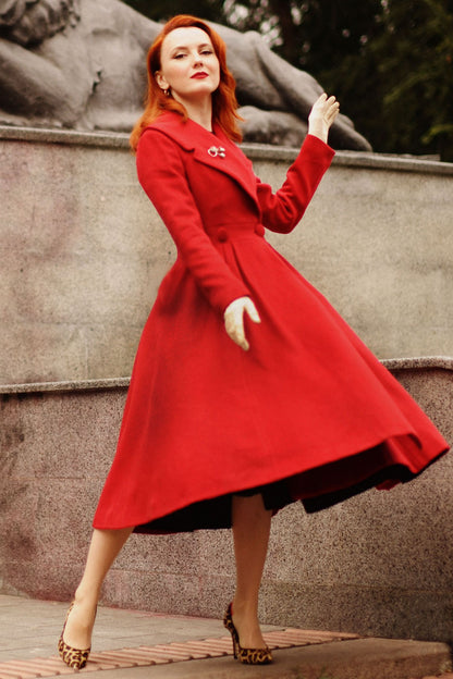 Elegant Red Wool Blend Coat – Handmade Fit & Flare Long Winter Coat | Xiaolizi 3189