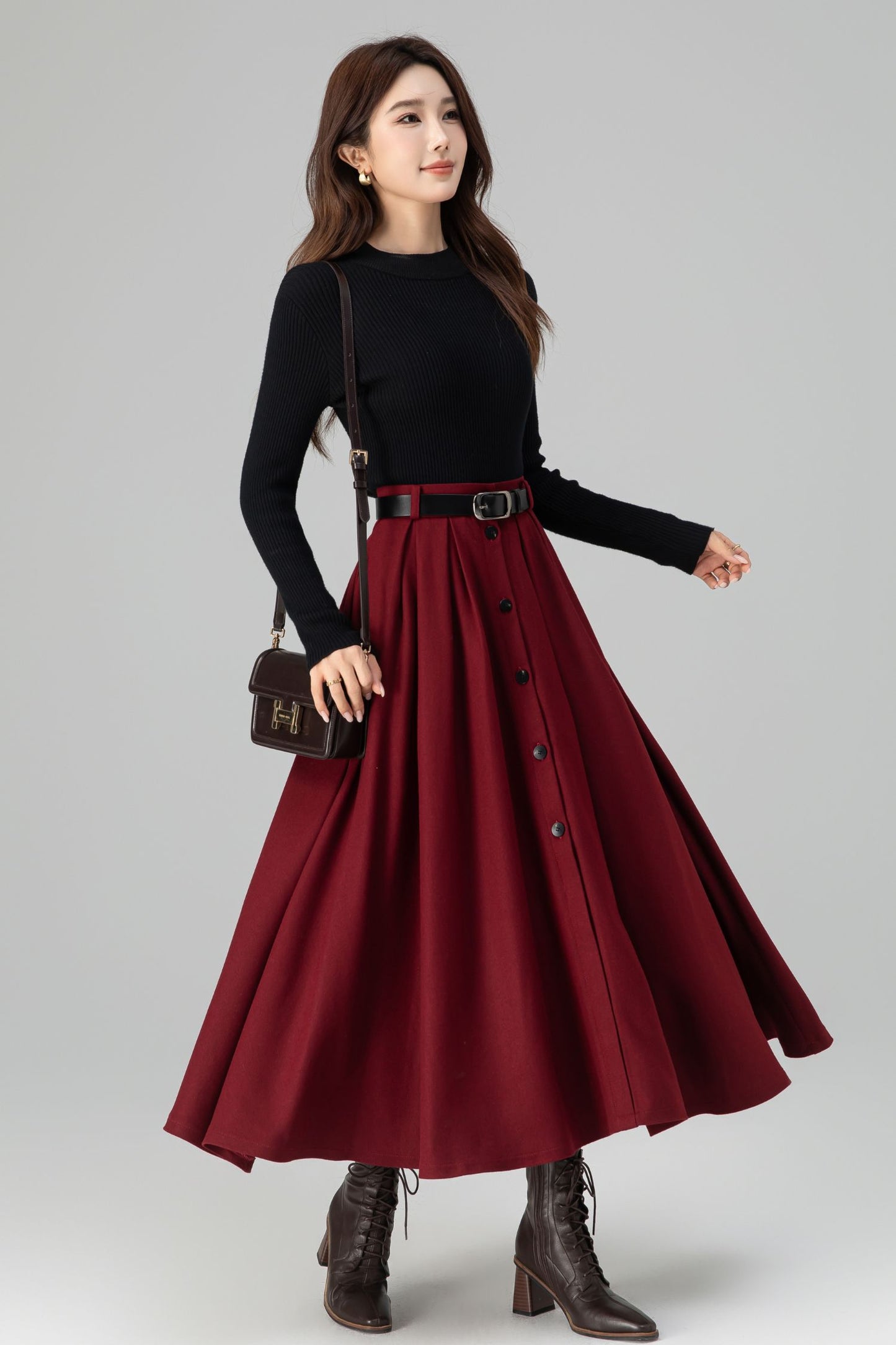 Burgundy Wool Midi Skirt – Vintage Button Front High Waisted Winter Skirt with Pockets 6395