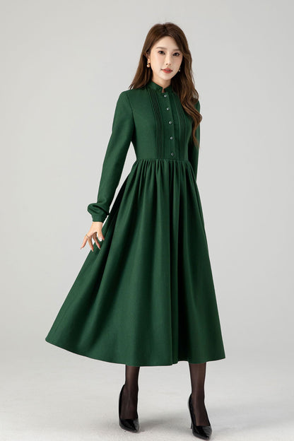 Green long sleeves winter wool dress women 4609