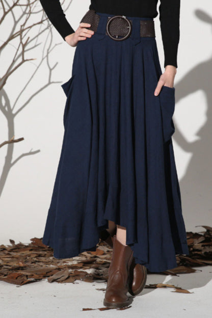 Navy Linen Maxi Skirt - Asymmetrical Ruffle Hem with Pockets 1157
