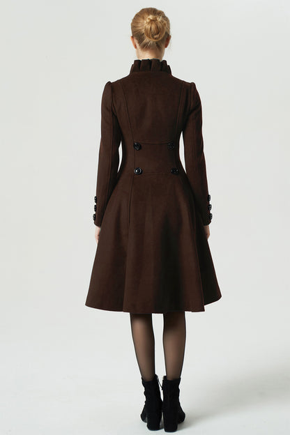 Brown Wool Coat - Asymmetrical Ruffle Collar Knee-Length 6311