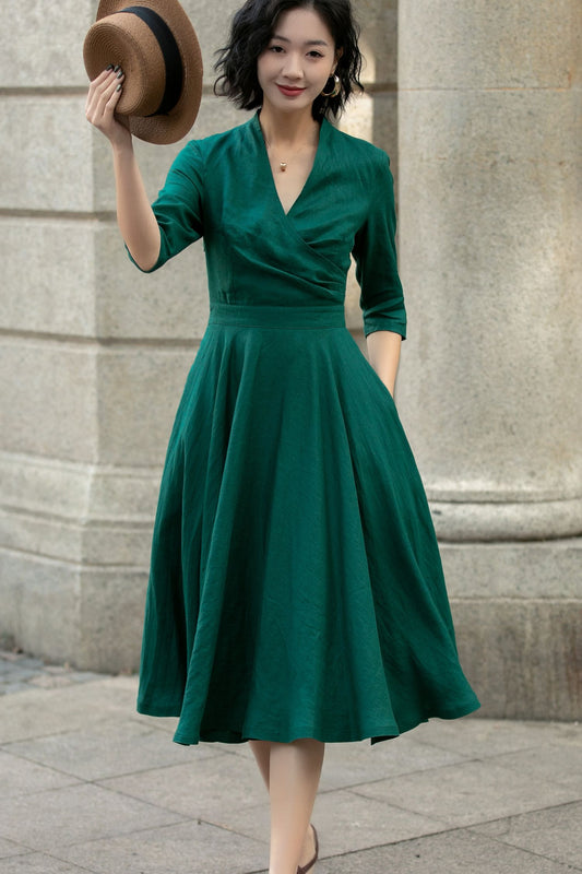 Green swing linen midi dress women 5677