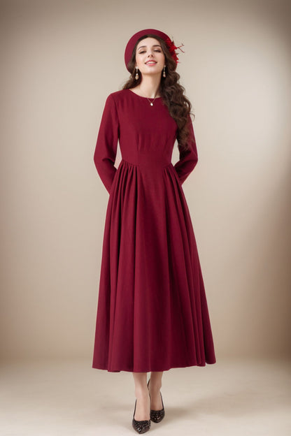 Fit and flare burgundy wool dress women 5235