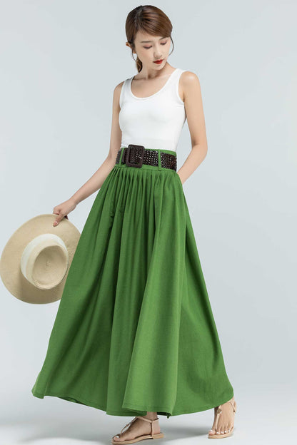 Green Linen Maxi Skirt - Pleated Waist with Pockets 2381