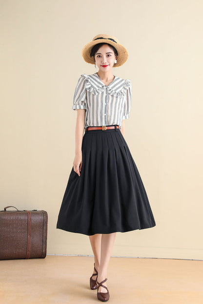 Black Linen Cotton Midi Circle Skirt - Pleated A-Line with Pockets 2785