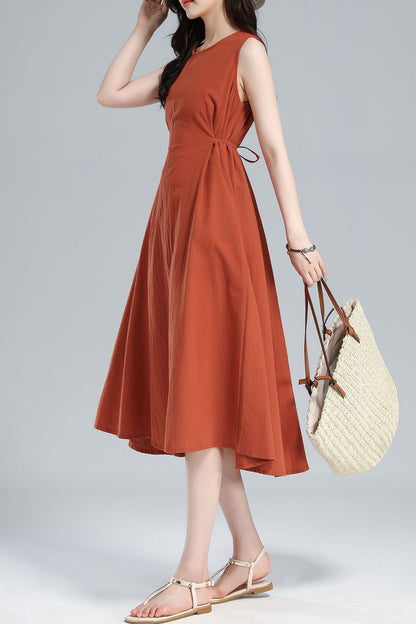 Orange Linen Blend Sleeveless Midi Dress - A-Line Silhouette with Belt 3617