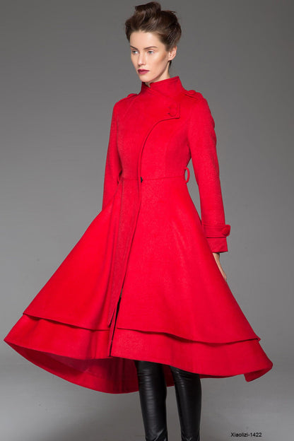 Red Wool Coat Maxi - Asymmetrical Layered Hem & Self-Tie Waist 1422