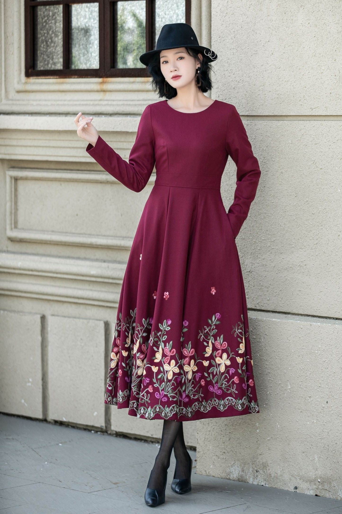 Embroidered burgundy fit and flare wool dress 5307