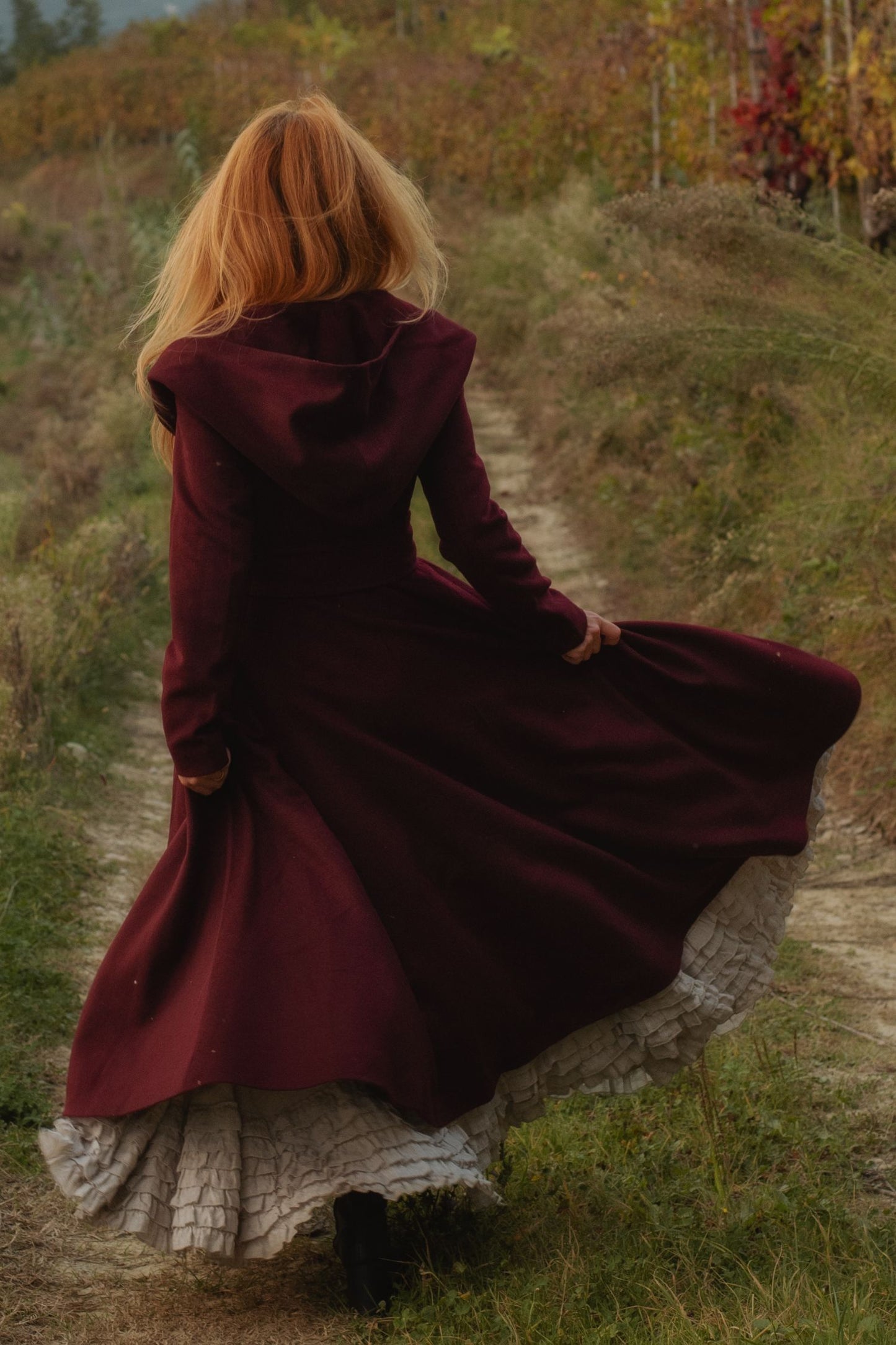 Burgundy Hooded Wool Coat – Handmade Long Belted Wool Winter Overcoat for Women 6546