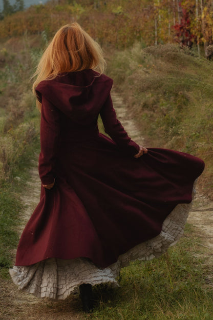Burgundy Hooded Wool Coat – Handmade Long Belted Wool Winter Overcoat for Women 6546