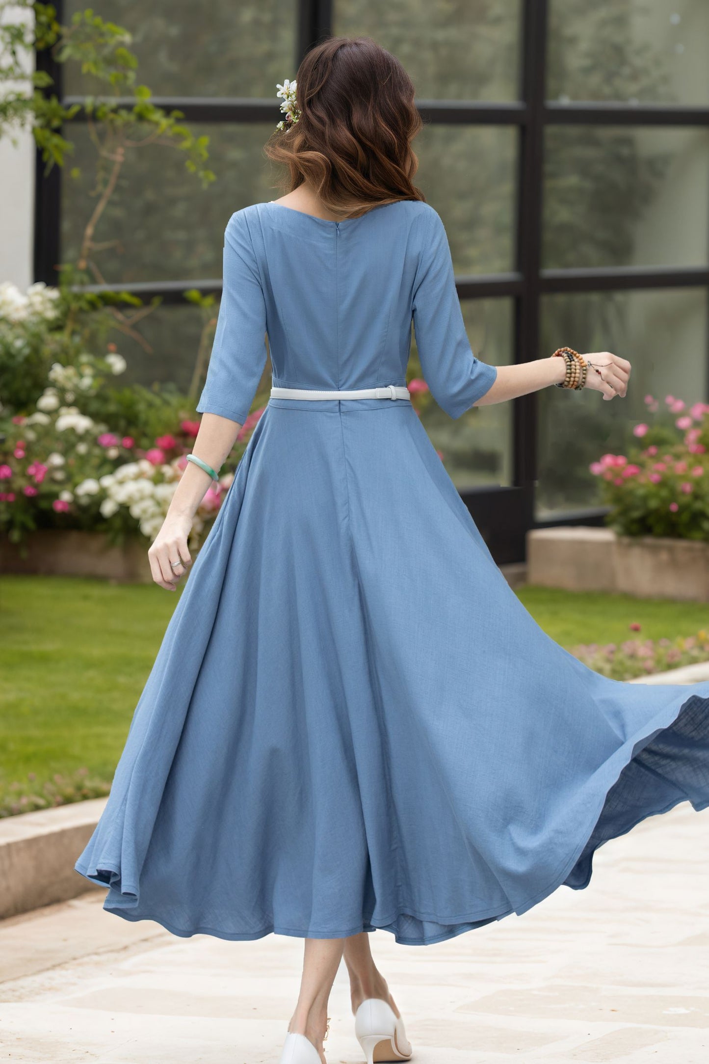 Light Blue Linen Midi Dress – Handmade Fit & Flare Garden Party Dress with Pockets | Xiaolizi 6734