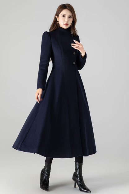 Wool Blend A-Line Coat – Dark Blue Long Coat with Pockets 4506